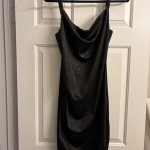 Shimmery Black Cowl Neck Mini Dress